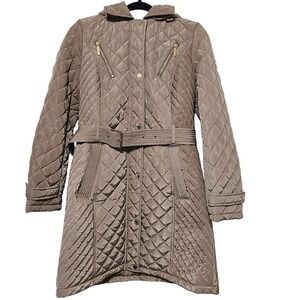 MICHAEL KORS Quilted Hooded Belted Puffer Coat Tan Women SZ S Long Winter FLAW